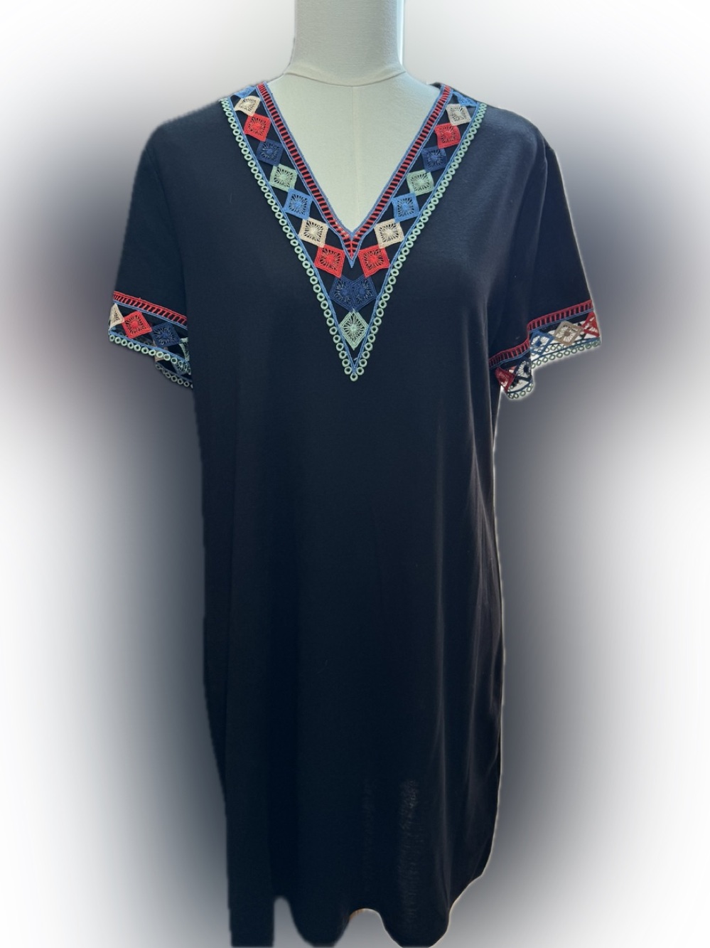 SHEIN Black Tunic with Multicolor Embroidered V-Neck